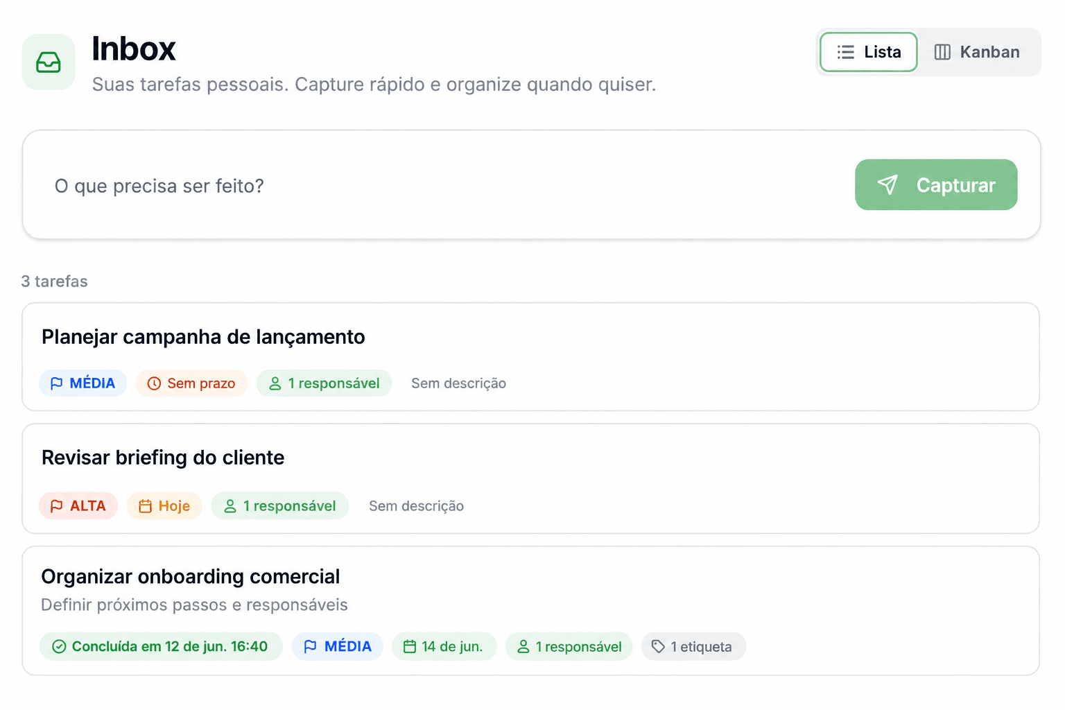 Inbox pessoal do Taskem com lista de tarefas individuais, prioridade, prazo e captura rápida