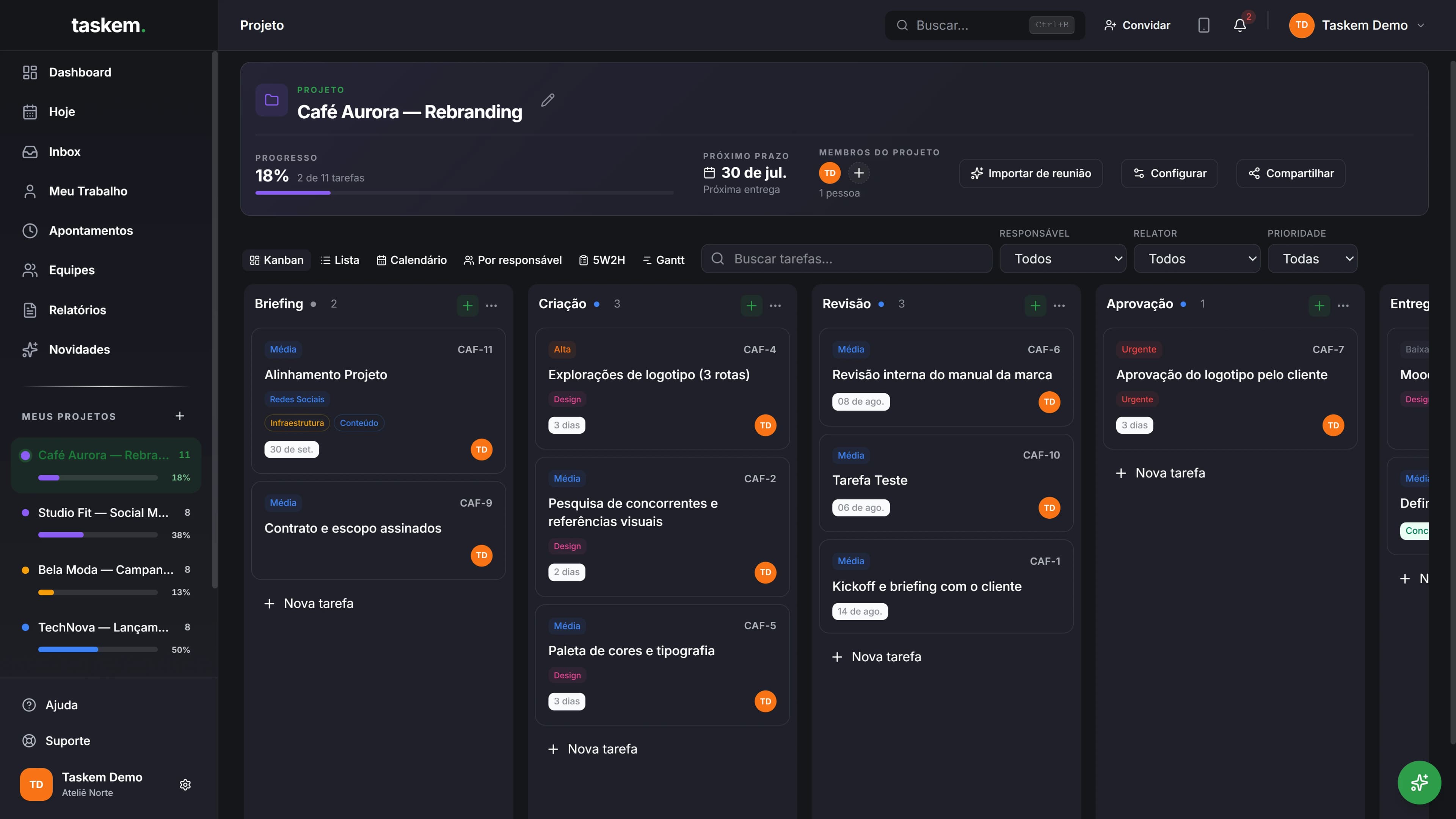 Quadro Kanban do Taskem com as tarefas do projeto distribuídas entre Briefing, Criação, Revisão e Aprovação